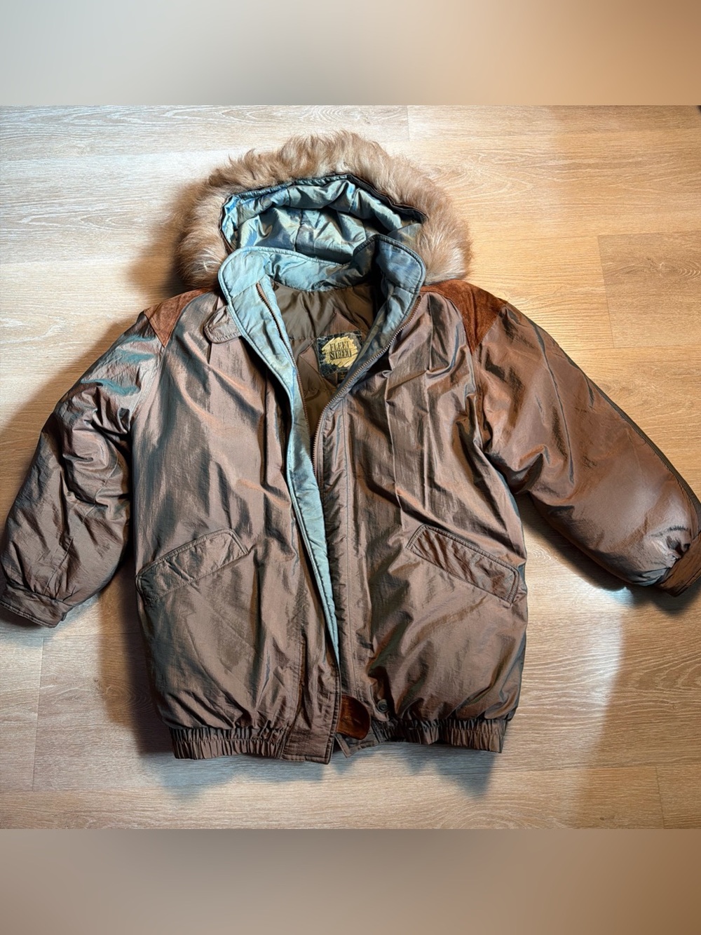 Vintage Fleet Street Iridescent Down Puffer Parka Jacket Real Suede Fox Fur S